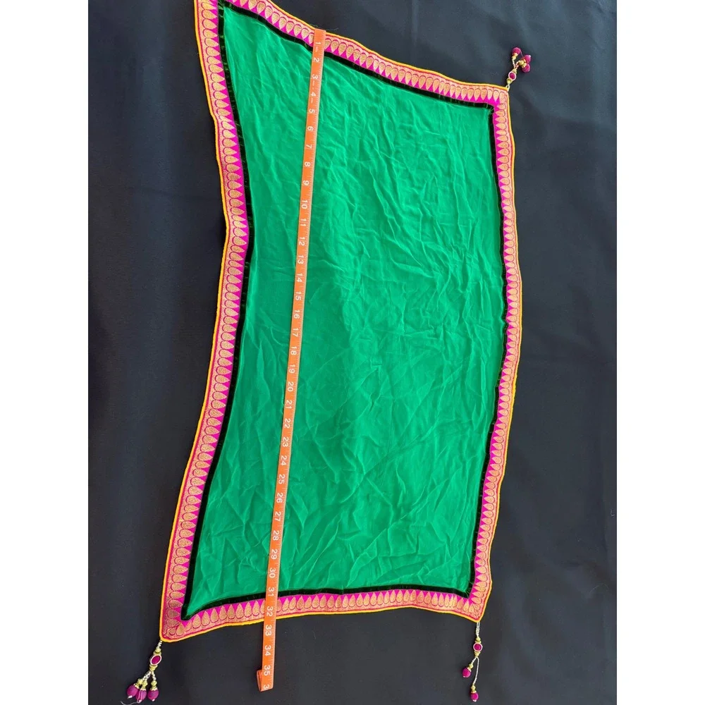 Green Dupatta Scarf Pink Gold Embroidered Border Tassels Traditional Ethnic Wear